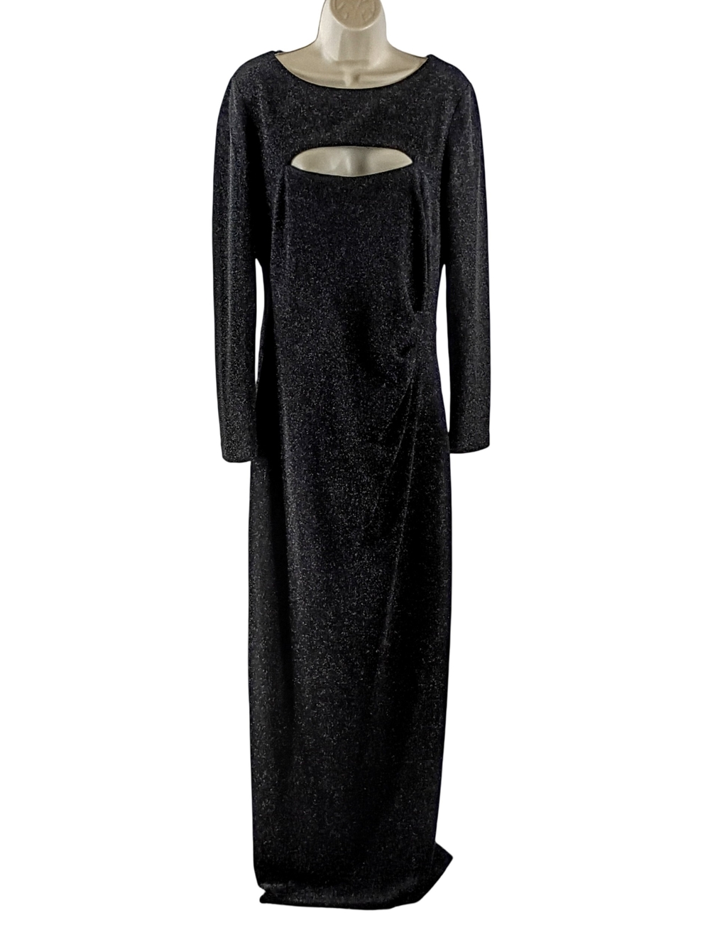 Xscape Black Sparkle Long Sleeve Maxi Dress with Front Cutout